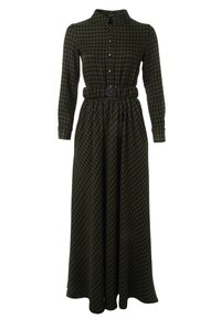 Robe longue à motif pied-de-poule vert, avec un devant à boutons, un col, des manches longues, une taille cintrée et un détail de ceinture. Tissu doux avec une jupe fluide.
