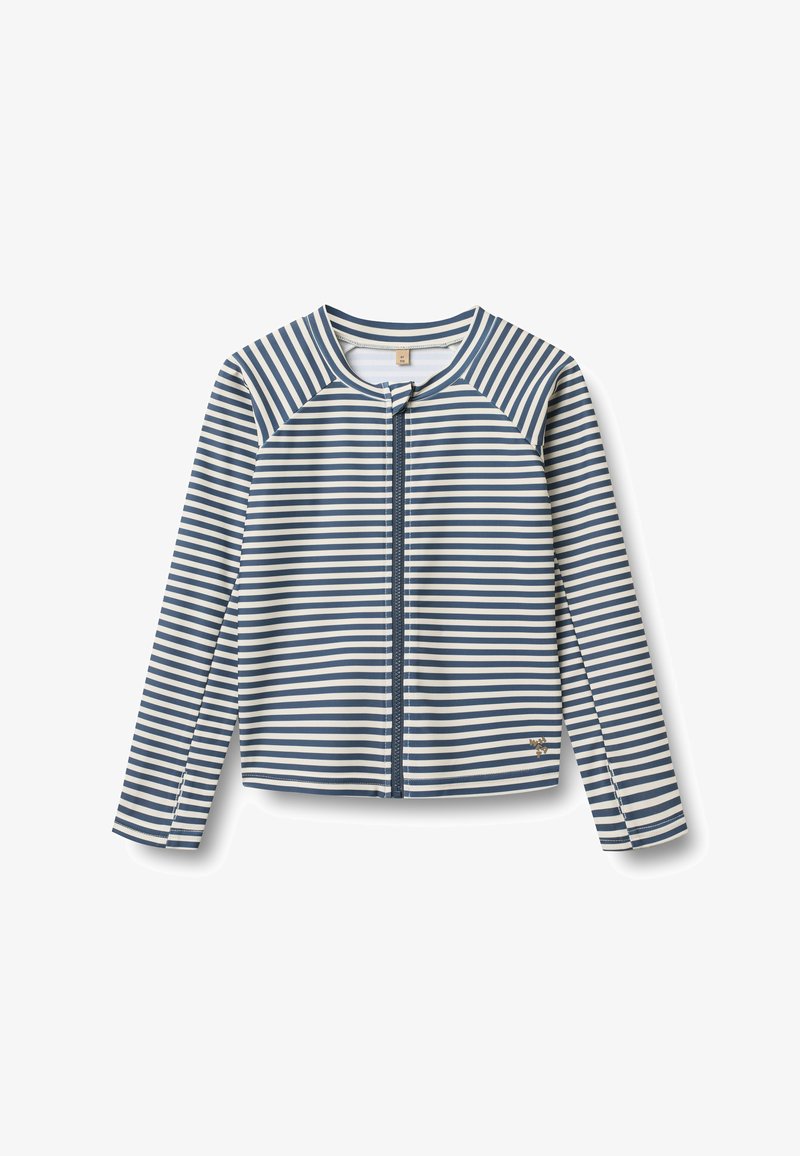 Veste rayée à manches longues, avec des rayures horizontales bleues et blanches, un col rond et une fermeture éclair centrale.