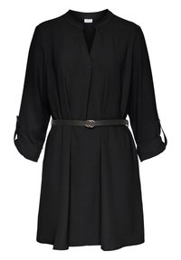 Robe noire avec un col mandarin, des manches trois-quarts et une taille ceinturée. Fabriquée en tissu léger au toucher doux.