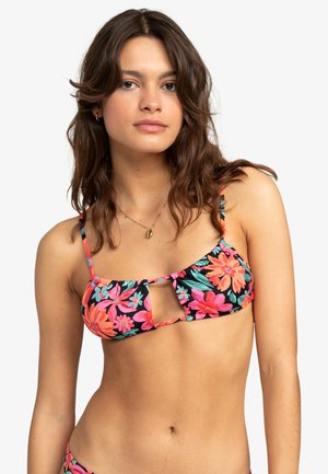 Blommig bikiniöverdel med svart bakgrund, prydd med rosa och tealfärgade blommor, justerbara band och en central utskärning för stil.