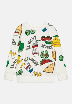 Felpa bianca con grafiche colorate a tema cibo, che includono frutta, verdura e snack con espressioni facciali giocose.