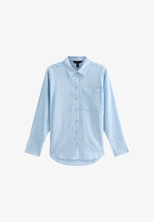 Lichtblauw overhemd met lange mouwen, knoopsluiting, een borstzak, puntige kraag en een gestructureerde stof.
