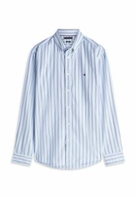 Camicia azzurro chiaro a maniche lunghe con bottoni, caratterizzata da sottili strisce verticali blu scuro e un piccolo logo a bandiera ricamato sul petto.