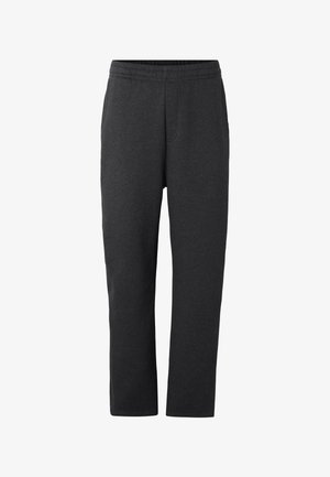 Sötétszürke, egyenes szárú melegítőnadrág rugalmas derékpánttal, amelyet kényelmes, hétköznapi viseletre terveztek.