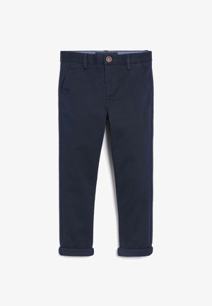 Chinos blu navy con vestibilità slim, dotati di tasche anteriori, chiusura con bottone e risvolti. Tessuto liscio e design semplice.