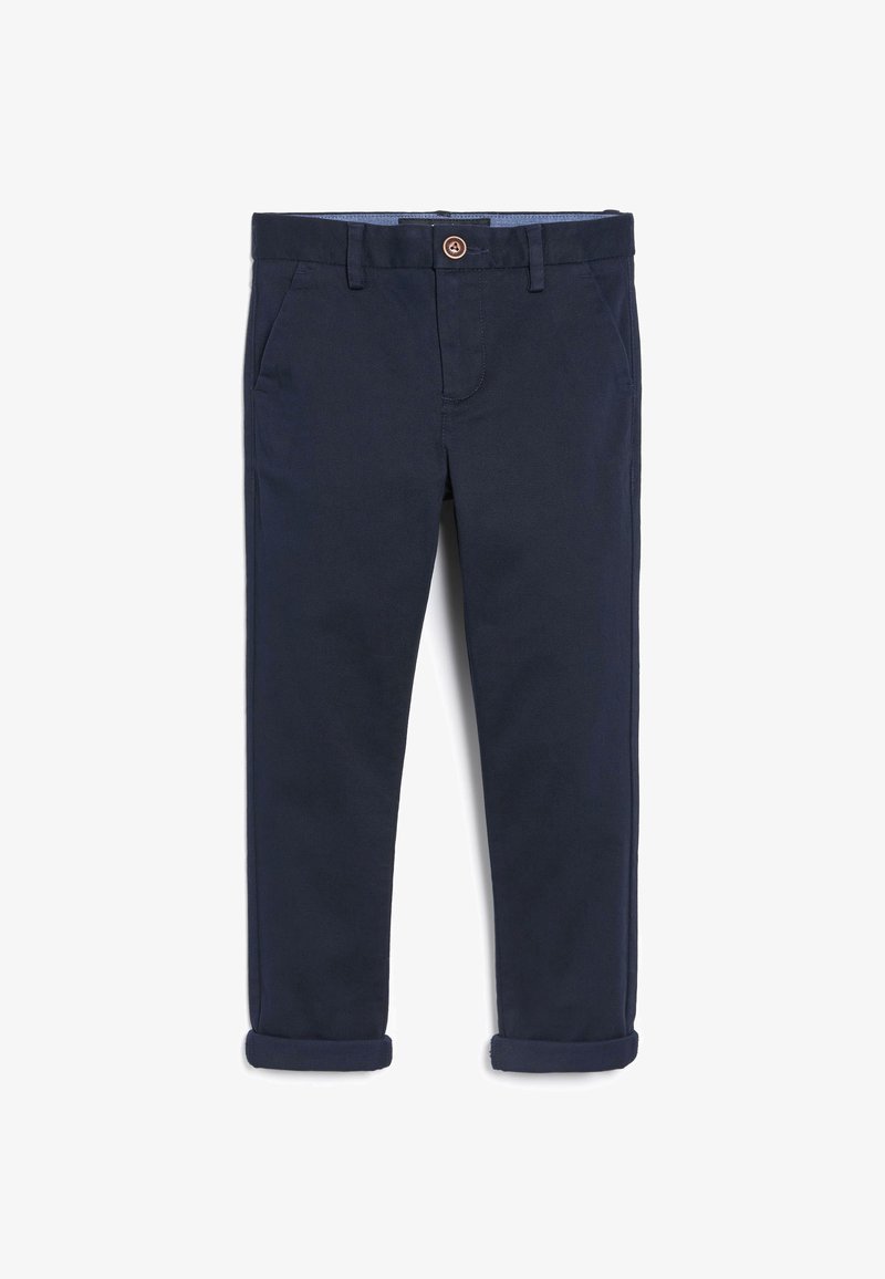 Chinos blu navy con vestibilità slim, dotati di tasche anteriori, chiusura con bottone e risvolti. Tessuto liscio e design semplice.