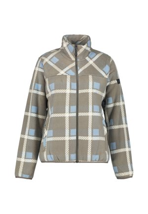 Fleecejack in grijs met een patroon en blauwe en witte accenten, met een hoge kraag, ritssluiting aan de voorkant en twee zijzakken.