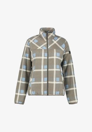 Chaqueta de forro polar en gris con estampado y acentos en azul y blanco, con un cuello alto, cierre frontal de cremallera y dos bolsillos laterales.