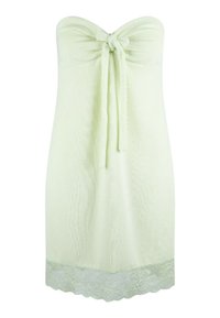 Vestido de toalla verde menta sin tirantes con un lazo en la parte delantera, tejido texturizado y un dobladillo de encaje con borde en la parte inferior.