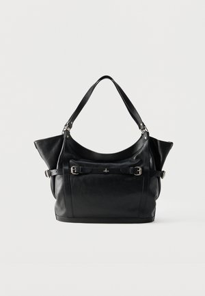 Black leather shoulder bag with adjustable buckled straps, two handles, and a small silver logo centered on the front panel.