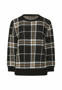 Mustekengä brown, black, ja white-plaid neulepusero, jossa on ribbausvarret, helma ja pyöreä kaula-aukko.