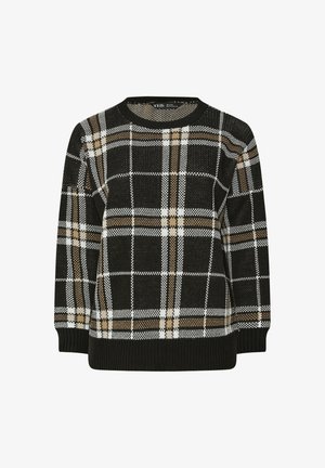 Zwart, wit en bruin geruite gebreide trui met geribbelde manchetten, zoom en ronde halslijn.