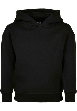 Svart hoodie i mjukt material, med en framförande känguruficka, ribbade muddarna och en struktur som stödjer huvan. Enkel design, inga mönster.