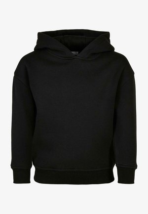 Schwarzer Hoodie aus weichem Material mit einer Front-Kängurutasche, gerippten Bündchen und einer strukturierten Kapuze. Einfaches Design, keine Muster.