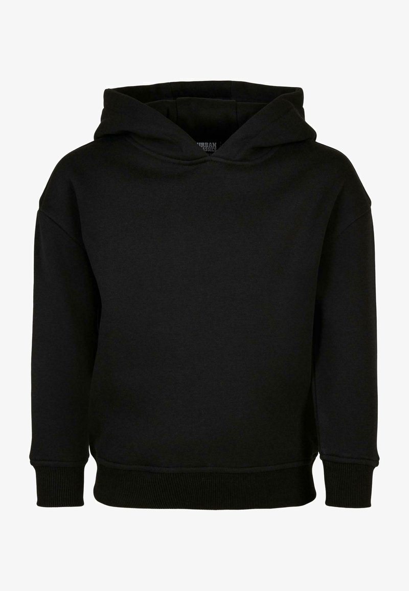 Sort hoodie lavet af blødt materiale, med en front kangaroo-lomme, ribbede manchetter og en struktureret hætte. Enkel design, ingen mønstre.