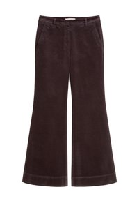 Bruine flanellen flare pants met een gladde textuur, twee voorzakken en een wijd beenontwerp. Voorzien van een afwerkingdetail aan de zoom.