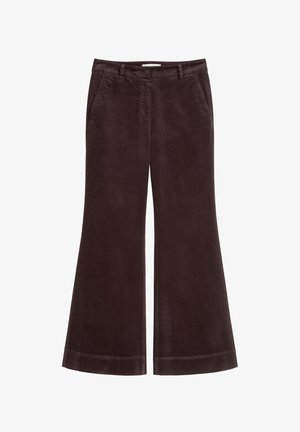 Brązowe, sztruksowe spodnie z szerokimi nogawkami i gładką teksturą, z dwiema przednimi kieszeniami. Posiadają detal wykończenia na dolnej krawędzi.