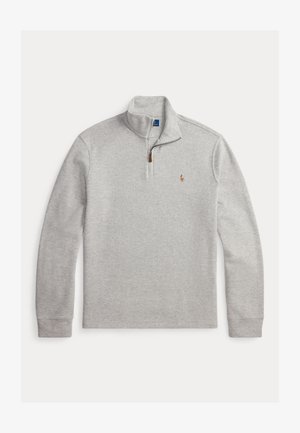Light gray long-sleeve pullover with a quarter-zip collar and small embroidered logo on the left chest.