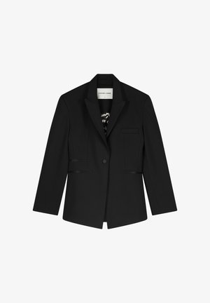 Black tailored blazer with notch lapels, single-button closure, and front welt pockets, labeled Fabienne Chapot size 36.