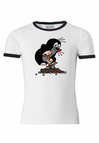 White T-shirt with black trim featuring a cartoon mole digging in soil, designed with a colorful illustration and soft cotton material.