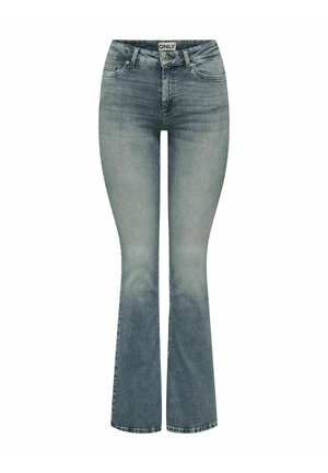 Jasnoniebieskie dżinsy dzwony z wysokim stanem, pięcioma kieszeniami i delikatnym wyblaknięciem. Posiadają klasyczny zamek błyskawiczny z zapięciem na guzik.