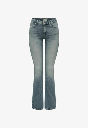 Jeans de mezclilla de lavado claro, acampanados, con una cinturilla alta, cinco bolsillos y un ligero desvanecimiento. Presentan un clásico cierre de cremallera con botón.