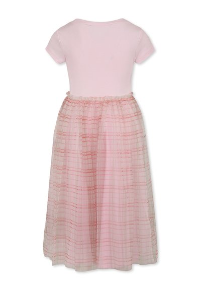 Abito corto rosa con parte superiore semplice e gonna in tulle rosa a strati con un sottile motivo a quadretti e vita elastica.