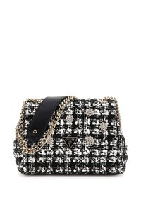 Borsa a tracolla in tweed bianco e nero con catena dorata, decorazioni floreali e manico superiore in pelle nera. Logo Guess sul davanti.