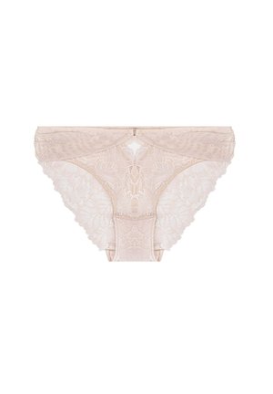 Lace brief with floral pattern, light beige color, soft texture, and decorative waistband featuring a small bow detail at the center back.