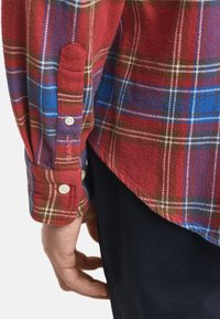 Hand ruht an der Seite, trägt ein kariertes Hemd in rot, blau und braun mit weißen Knöpfen und dunklen Hosen, Hemdmanschette geknöpft.