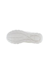 Bílá guma na podrážce boty s texturovaným vzorem pro trakci. Zakřivený tvar má centrální drážku a vyvýšené okraje pro lepší úchop.