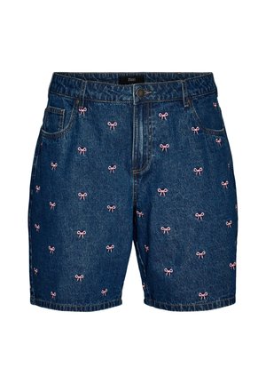 Denim shorts met knopen aan de voorkant, zakken en verspreide kleine roze geborduurde strikjes op donkerblauwe stof.