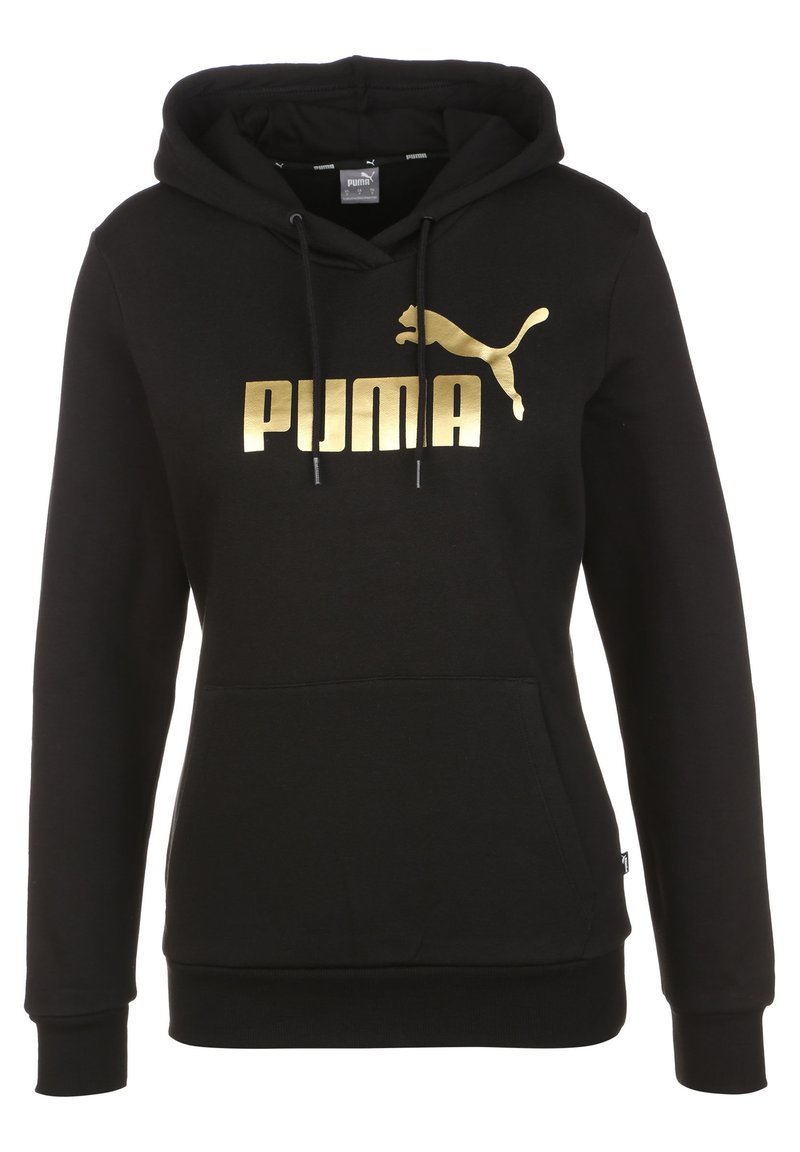 Svart hoodies i en bomullsblandning, med en stor guldig "PUMA"-logotyp och PUMA-emblem på framsidan, samt en kenguruficka.