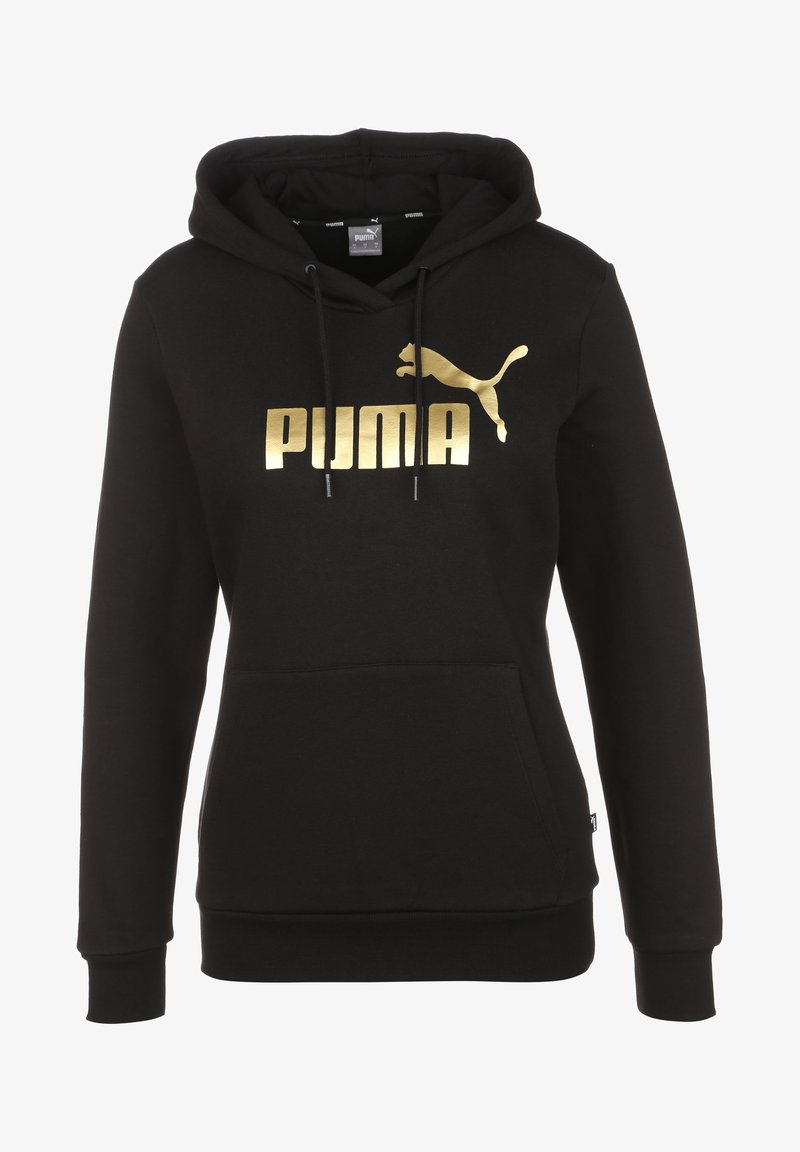 Svart hoodies i en bomullsblandning, med en stor guldig "PUMA"-logotyp och PUMA-emblem på framsidan, samt en kenguruficka.