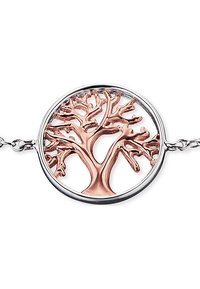 Design di un albero in oro rosa, incastonato in una cornice circolare in argento, con rami intricati e una finitura lucida, attaccato a una delicata catena.