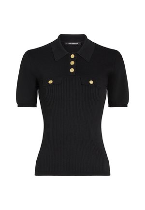 Zwarte geribbelde gebreide poloshirt met korte mouwen, met een kraag, vier gouden knopen en twee borstzakken met gouden accenten.
