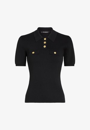 Zwarte geribbelde gebreide poloshirt met korte mouwen, met een kraag, vier gouden knopen en twee borstzakken met gouden accenten.