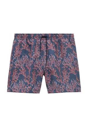 Zwemshorts in marineblauw met een koraalachtig patroon in roze en blauwe tinten, met een elastische band en een verstelbare trekkoord.