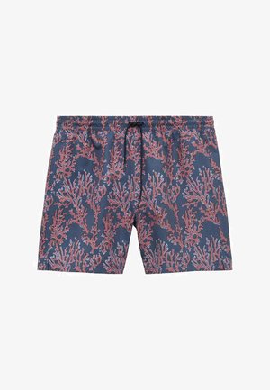 Plavalne hlače v mornarsko modri barvi s koraljnim vzorcem v rožnatih in modrih odtenkih, z elastičnim pasom in nastavljivo vrvico.