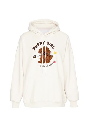 Hvid hættetrøje med en brun hvalpegrafik og tekst, der siger "Puppy Girl" og "I love Puppies" foran.