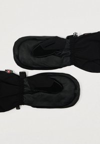 Čierne rukavice so koženým povrchom a textilnými manžetami. Dizajn zahŕňa hladký, lesklý povrch a elastické zberanie na zápästí.