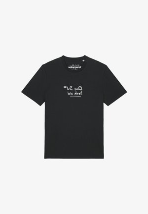 Zwart T-shirt met korte mouwen met witte Duitse tekst "Ich zähl bis drei!", gecentreerd aan de voorkant.