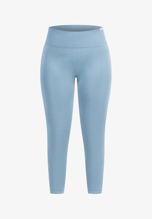Lysblå leggings med en høj, ribbet talje. Glat, strækbart stof med en tætsiddende design og ankel-længde. Ingen synlige mønstre.