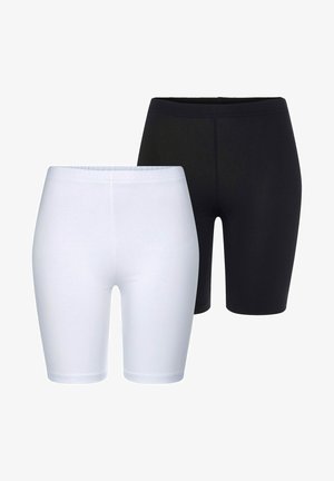 Schwarz-weiße Stretch-Shorts. Elastischer Bund, enganliegendes Design, knielang, glatte Textur und keine sichtbaren Muster oder Beschläge.