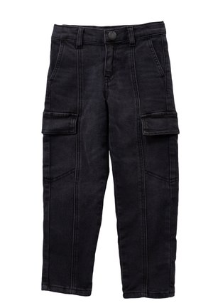 Pantalons cargo en denim noir avec deux poches latérales, design ajusté et coutures visibles. Dotés d'une fermeture à bouton et à glissière à l'avant.