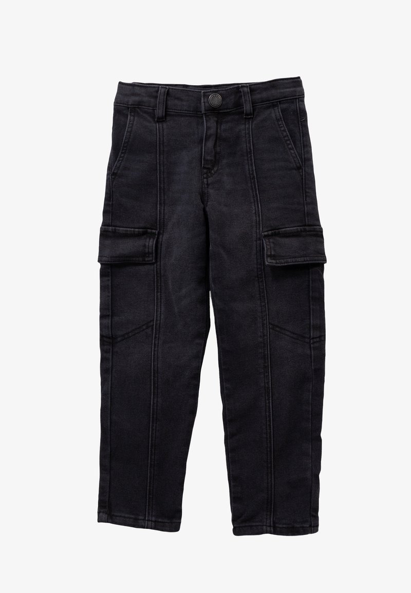 Pantalones cargo de mezclilla negra con dos bolsillos laterales, diseño ajustado y costuras visibles. Cuenta con un cierre frontal de botón y cremallera.