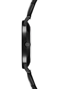 Schwarze analoge Uhr mit rundem Gehäuse, glatter Oberfläche und Gliederarmband. Verfügt über eine einfache Krone und ein weißes Zifferblatt. Insgesamt schlankes Design.