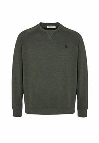 Felpa verde scuro realizzata in tessuto morbido. Presenta una scollatura rotonda, maniche lunghe e un piccolo logo blu navy sul petto.