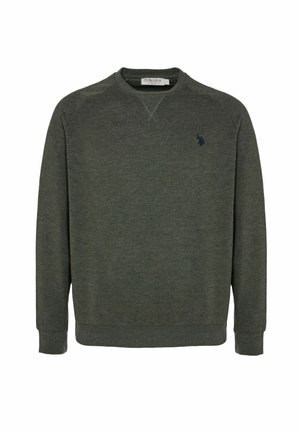 Felpa verde scuro realizzata in tessuto morbido. Presenta una scollatura rotonda, maniche lunghe e un piccolo logo blu navy sul petto.