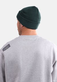 Un bonnet tricot vert sur la tête d'une personne, avec un motif texturé. Un sweatshirt gris avec une étiquette noire sur l'épaule supérieure gauche.